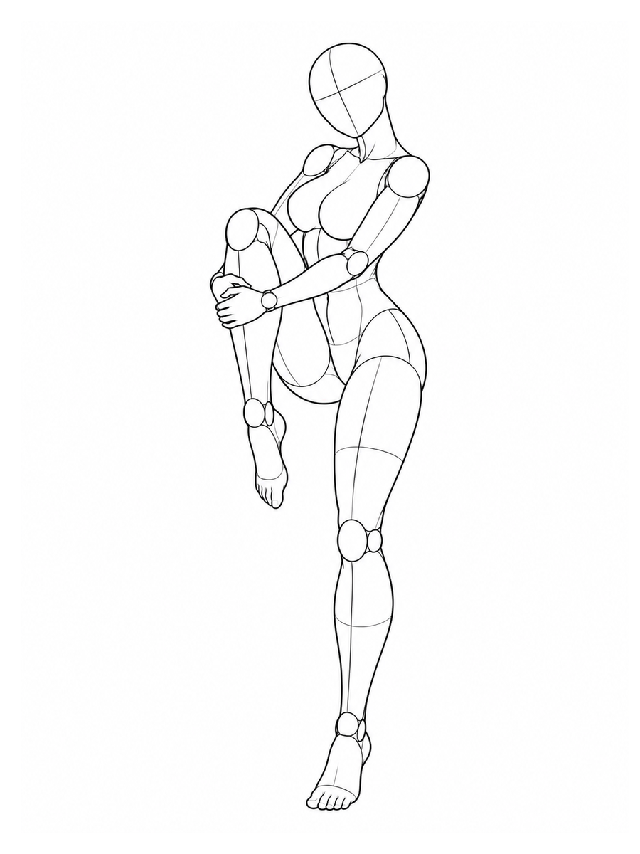 Standing, one knee hugged to the chest, back arched — Three-quarter