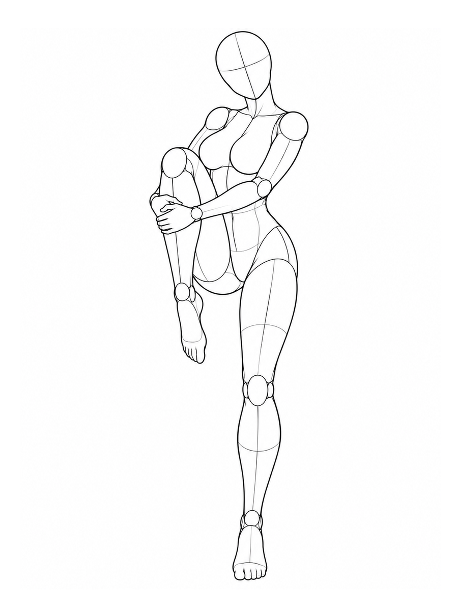 Standing, one knee hugged to the chest, back arched — Front