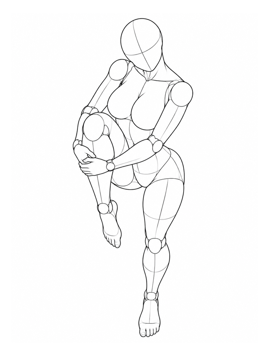 Standing, one knee hugged to the chest, back arched — High angle