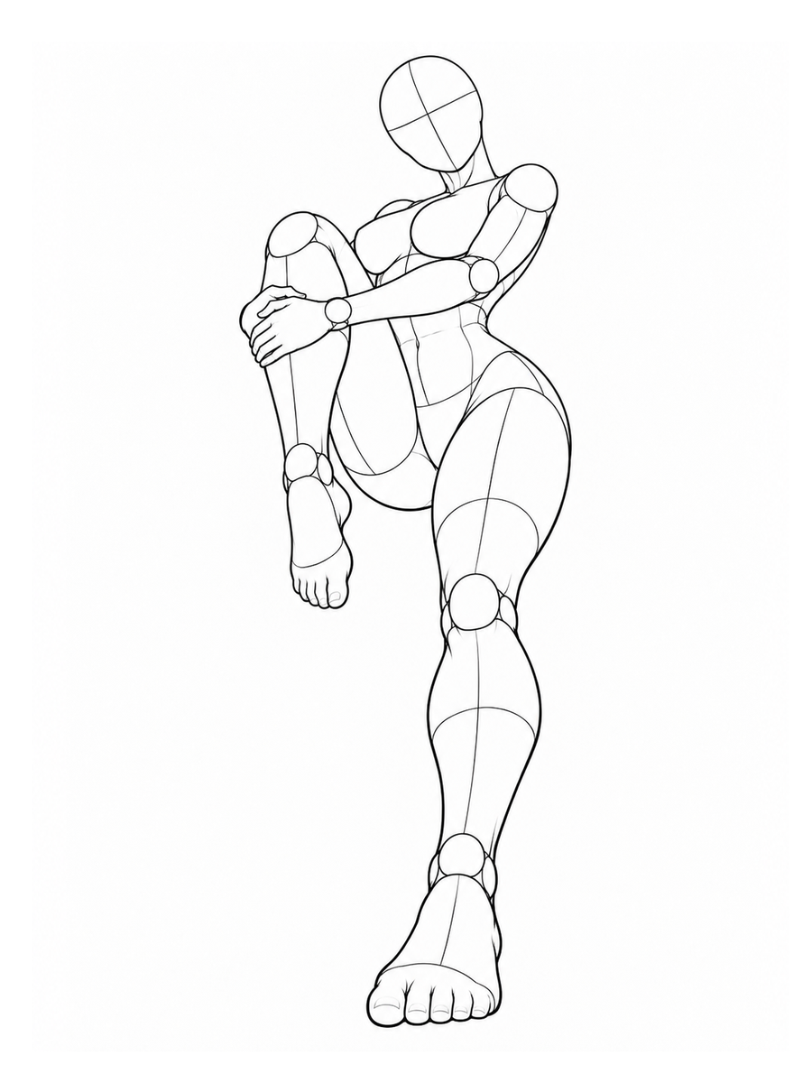 Standing, one knee hugged to the chest, back arched — Low angle