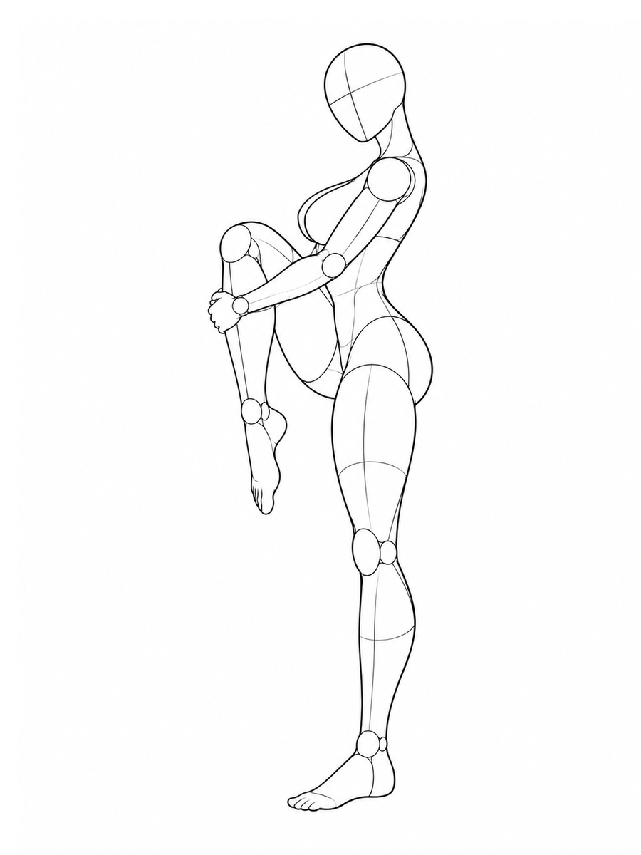 Standing, one knee hugged to the chest, back arched — Side