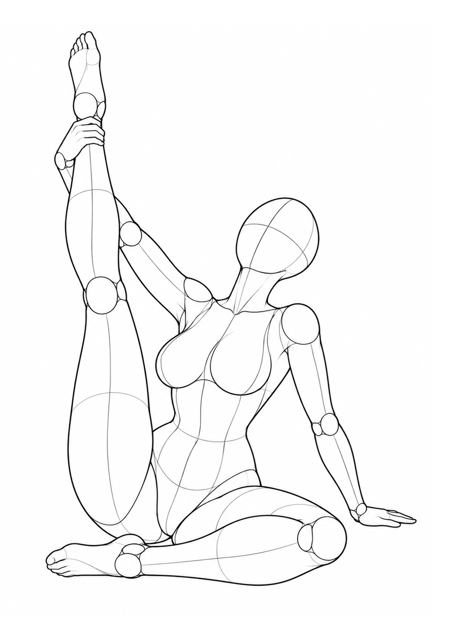 Sitting, one leg stretched high holding the ankle — Front