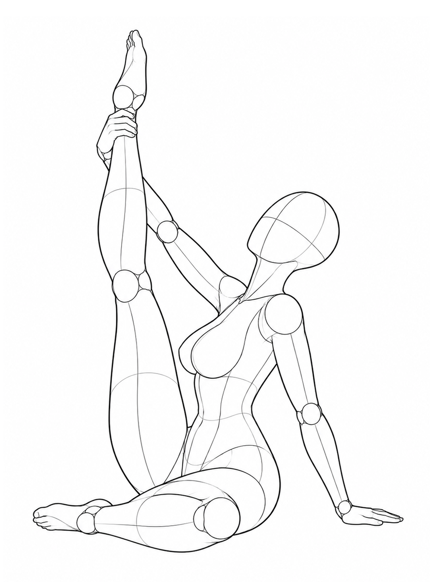 Sitting, one leg stretched high holding the ankle — Side