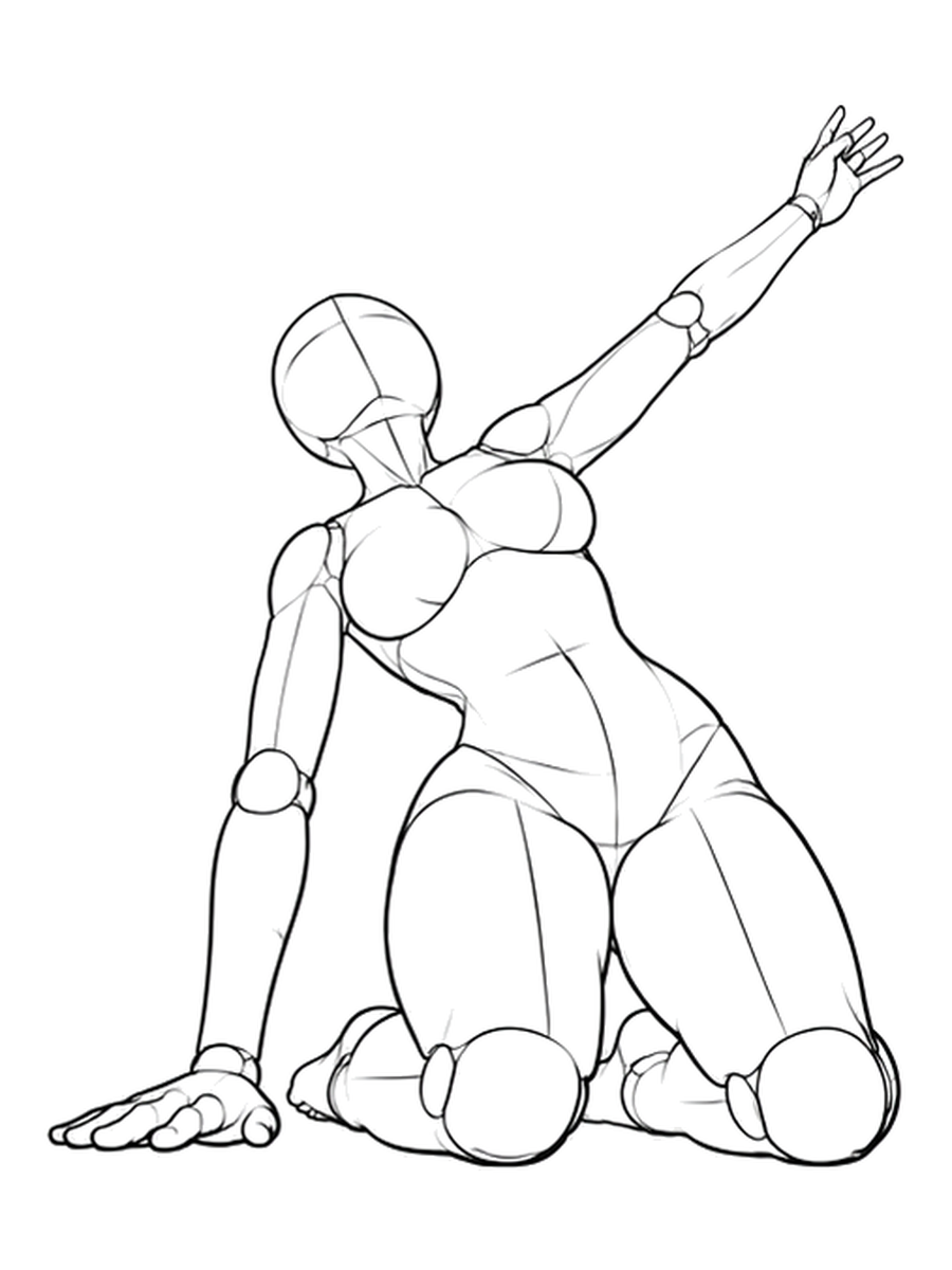 Kneeling, leaning sideways, hand on the floor — Low angle
