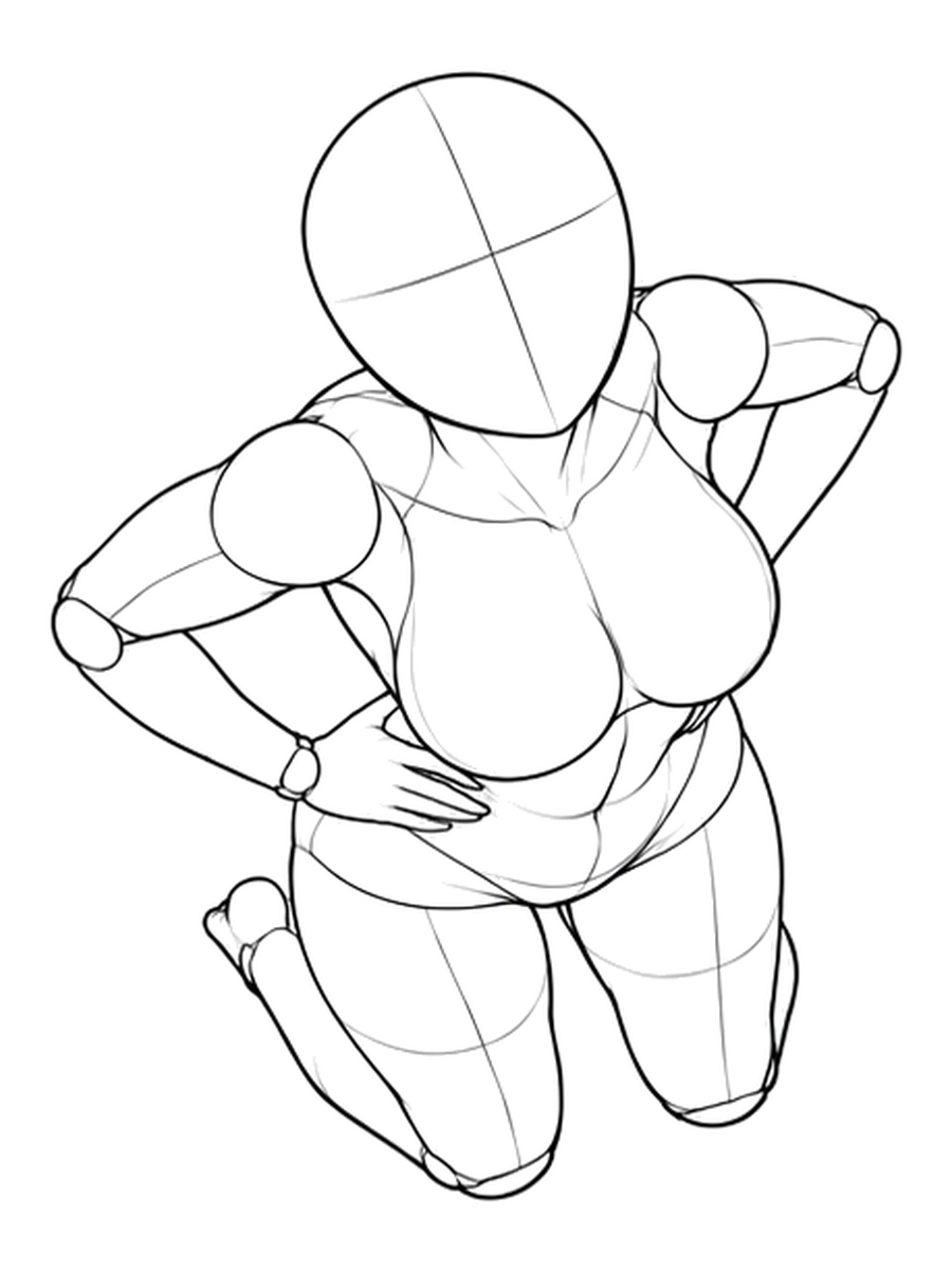 Kneeling, hands on hips, arching back — High angle