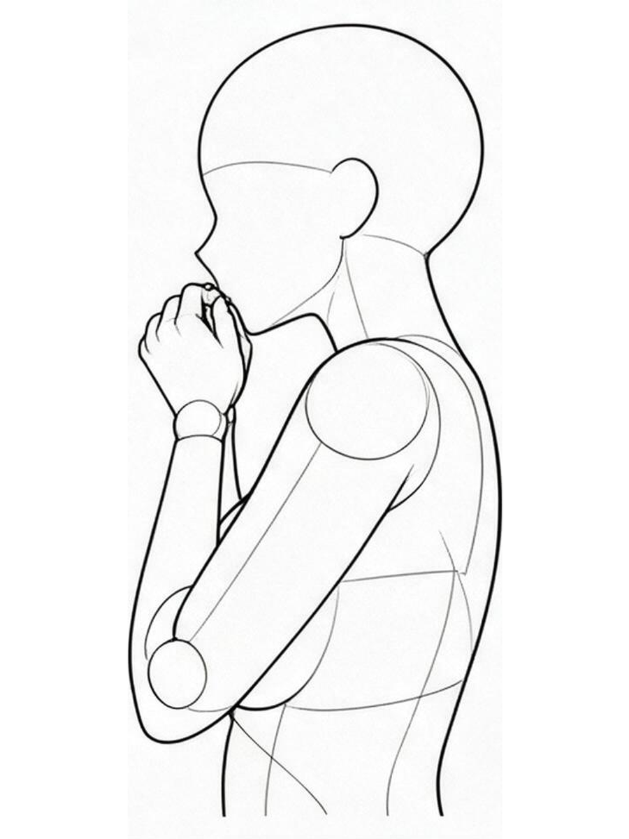 긴 소매풍으로 양손으로 입가 가리기 — 측면