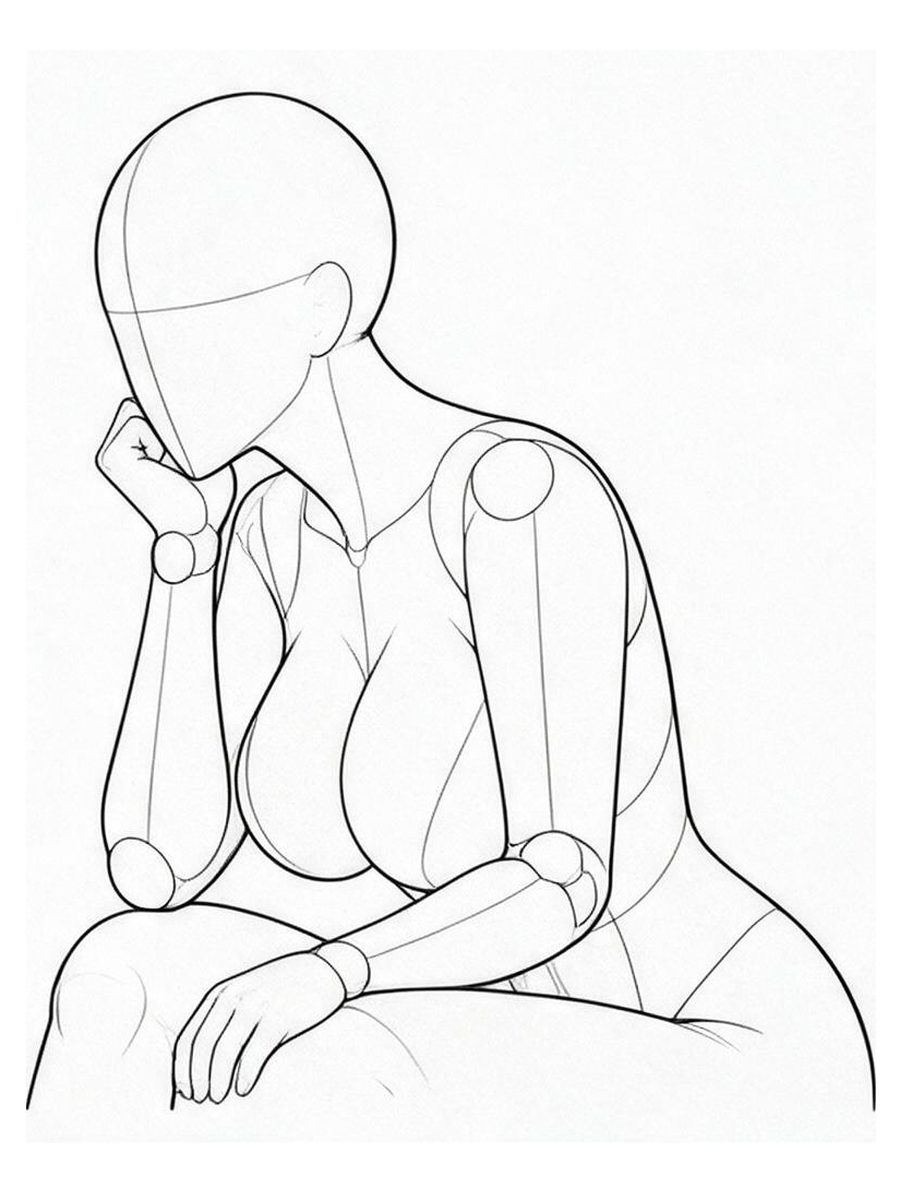 한쪽 팔꿈치 무릎에 대고 턱 괴기 — 사선