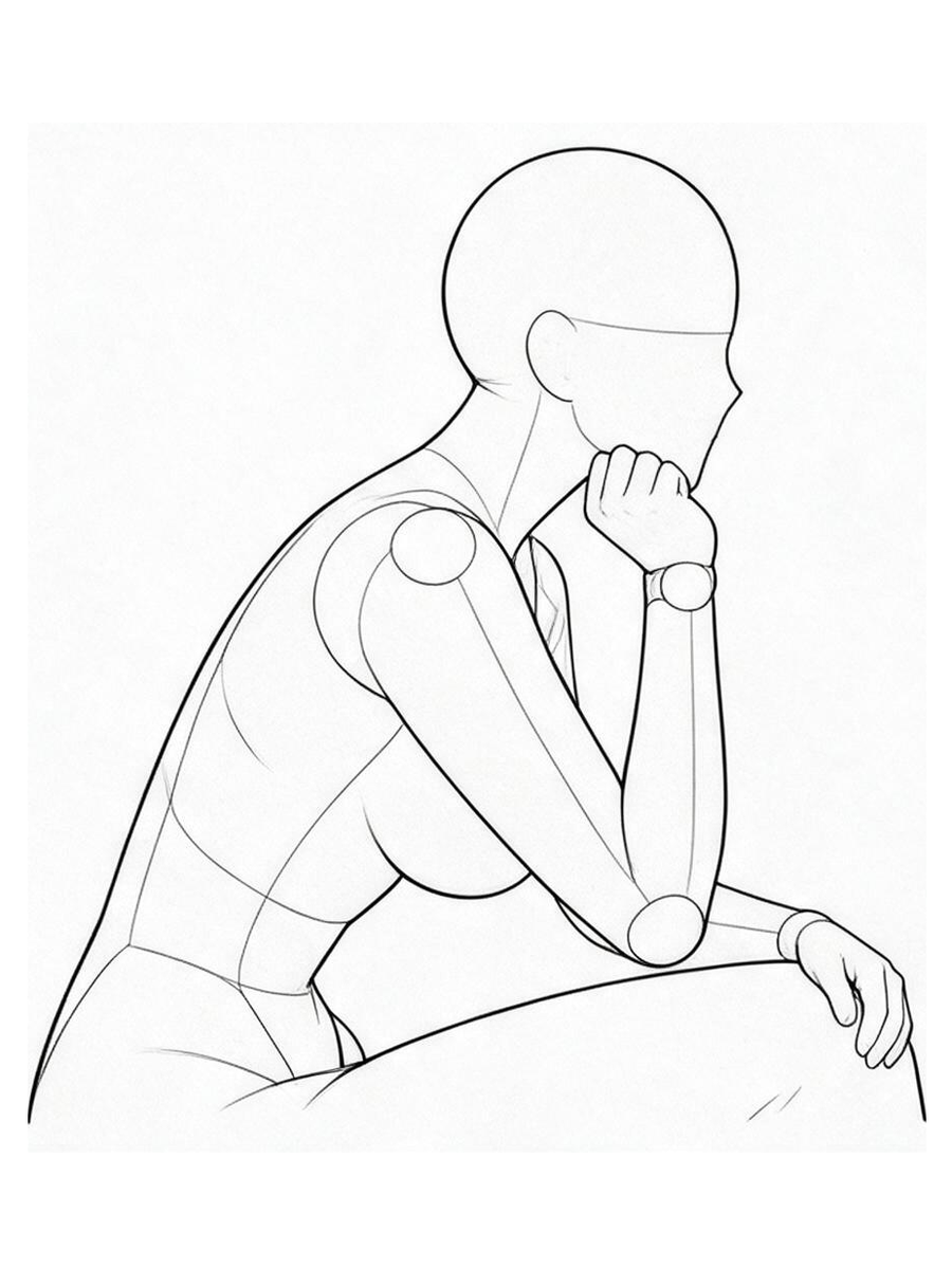 한쪽 팔꿈치 무릎에 대고 턱 괴기 — 측면