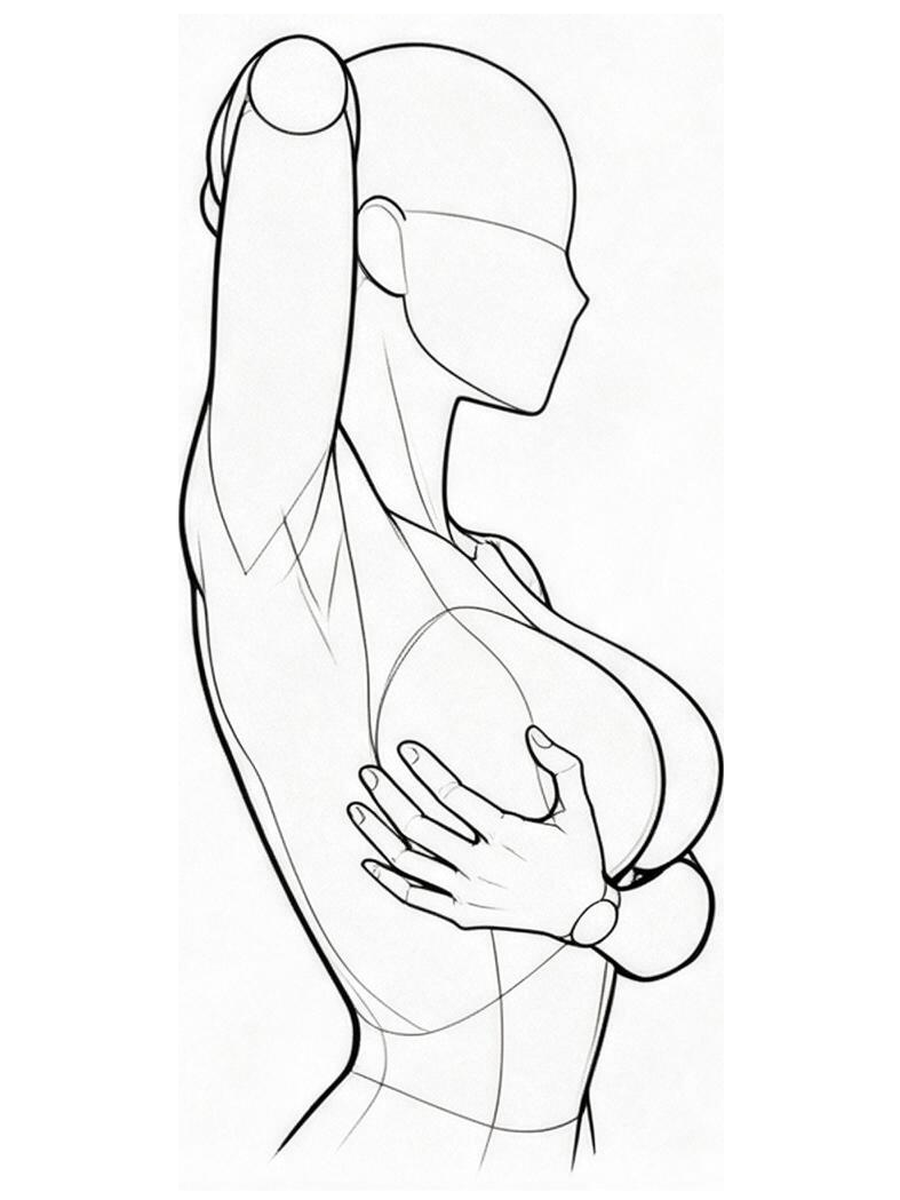 한 손으로 모으고 한 손은 머리에 — 측면