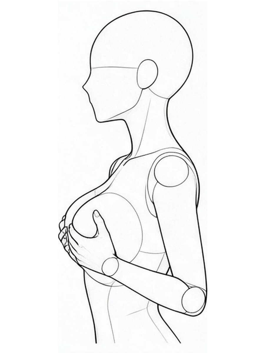 High-angle shot, hands on the chest, upturned gaze — Side